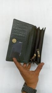 Pochette en cuir véritable pour femme, imprimé crocodile, fermeture à bouton, porte-monnaie tendance, portefeuille grande capacité, coton - Product Image 3