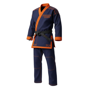 Buen Proveedor, Uniforme de Karate y Artes Marciales Personalizado en Color Azul Marino con Ribete Naranja de Seguridad, Impreso en Poliéster y Algodón - Product Image 1