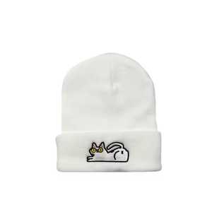 Custom Logo White <b>Cat</b> Embroidery Beanie <b>Hat</b> Unisex Adult Winter Casual Style Solid Black Cuffed Design - Product Image 2
