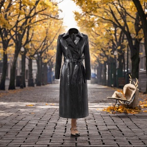 Manteau long en PU pour femme, col rabattu, double boutonnage, avec ceinture, couleur unie, automne-hiver - Product Image 4