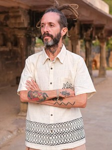 Men Handspun Khadi Cotton Short Sleeve Shirt Ivory White Casual Summer Button-<b>Down</b> with Geometric Hand-Block Printed Pocket - Product Image 2