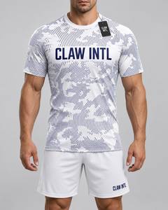 Maillot de football pour homme, blanc et bleu, impression par sublimation, col rond, manches courtes, polyester respirant, coupe ajustée - Product Image 1