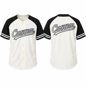 High Quality Custom Team Baseball Jersey Black White Raglan <b>Short</b> <b>Sleeve</b> <b>Button</b> <b>Up</b> Uniform <b>Shirt</b> Striped Cuffs Wholesale Supply - Product Image 1