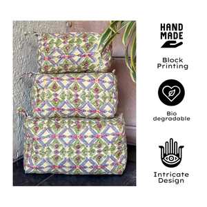 Luxury Jaipur Hand Block Printed Travel Pouch Set Quilted Cotton Cosmetic Organizer Waterproof Washable <b>Storage</b> Bags Daily Use - Product Image 1