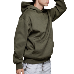 Men's Olive Green Hooded Sweatshirt Oversized Fit Regular Sleeve Solid Color Casual Autumn Cotton French Terry Pocket Design - Product Image 2