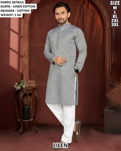 Ensemble Kurta Payama pour homme en coton avec broderie Chikankari, longueur au sol, séchage rapide, bleu clair et blanc, coupe classique, tenue décontractée traditionnelle indienne - Product Image 1