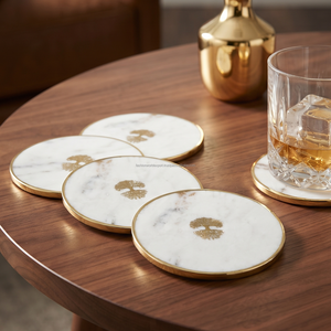 Peace White Marble Coasters Set of 4 Real Natural Stone Luxury Modern Aesthetic Eco-Friendly Semi Absorbent 100mm Diameter - Product Image 2