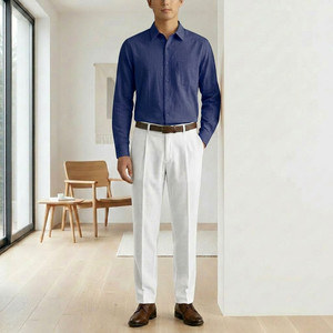 Ensemble chemise et pantalon pour homme, 100% polyester tissé, respirant, bleu clair, manches longues, boutonné, pantalon plissé, tenue décontractée pour le bureau - Product Image 2