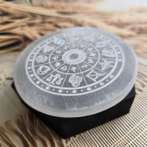 Natural Selenite Zodiac Wheel Plate 3 Inch Engraved 12 Zodiac <b>Signs</b> Irregular Crystal Charging Plate Home Decor Feng Shui - Product Image 2