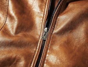 Chaqueta de Cuero PU Marrón para Hombre, Estilo Motero, Cuello Alto, Cierre de Cremallera, Corte Regular, Color Sólido, para Otoño - Product Image 5