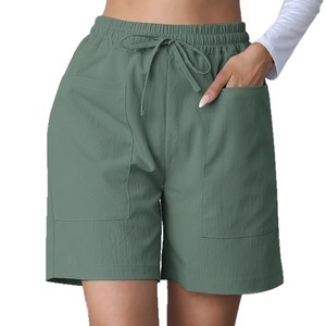 Shorts de Algodón de Cintura Alta para Mujer, Color Verde Sólido, con Cordón, Estilo Casual, con Bolsillos, Transpirables, Estilo Veraniego - Product Image 1