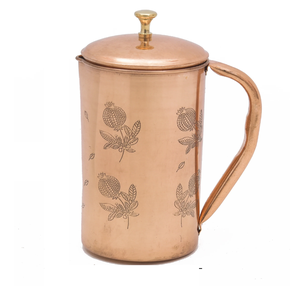 Fine brushed copper jug displaying delicate printed floral details and a brass-knobbed lid. Art available at wholesale price. - Product Image 1