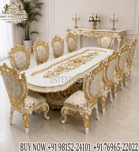 Classical Palace Inspired Carved <b>Dining</b> Room Furniture 10 Seater Ornate White Gold Inlay Oval <b>Dining</b> <b>Table</b> <b>with</b> Carved <b>Chairs</b> - Product Image 2