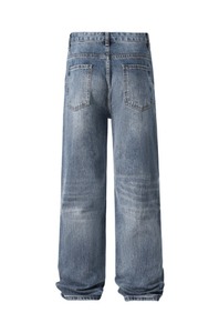 Jean en denim coupe droite pour homme, coupe ample décontractée, en coton bleu délavé, style automne - Product Image 3