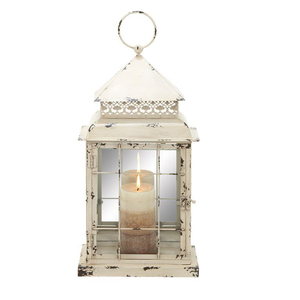 White Iron Lantern with Glass Panels and Candle Holder for Home Decoration - Product Image 1