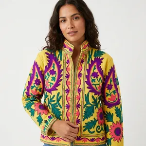 Sujani Khadi Cotton Eco-Friendly Mandarin Collar Double-Breasted Knitted Quick Dry Floral Pattern Fringed <b>Sequins</b> <b>Jacket</b> - Product Image 3