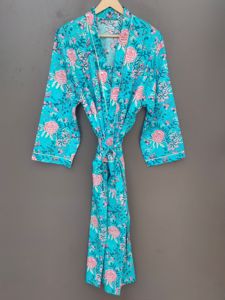 Robe kimono à imprimé floral turquoise |   Cravate à manches longues |   Couverture de plage d'été - Product Image 1