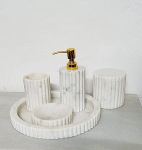 Premium bath collection <b>soap</b> dispenser <b>set</b> marble vanity tray toothbrush holder bathroom organiser white marble decor elegant - Product Image 6