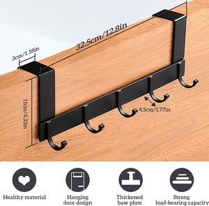 <b>Black</b> Over-the-Door 5-Hook Metal Door Hook Rack-Durable Waterproof Storage for Bathroom and Bedroom <b>Clothing</b> & Towels - Product Image 6