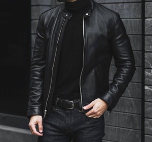 Veste de moto en cuir véritable noir de haute qualité pour homme, col montant, fermeture éclair, coupe ajustée, pour l'automne - Product Image 1