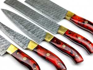 Ensemble de 5 couteaux de cuisine en acier Damas faits à la main, manche en résine rouge, embout en laiton, couteau de chef - Product Image 2