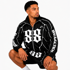 Conjunto de Chaqueta y Pantalones Cortos Deportivos Negros Personalizados con Cremallera Completa, Estilo Gótico, Cortavientos de Verano, Traje Deportivo de Nailon para Hombre, Sudadera con Capucha y Pantalones Cortos, Estilo Americano - Product Image 6