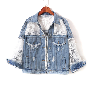 Veste en jean vintage tendance effet vieilli avec détails boutonnés, superposition en dentelle transparente, patchwork décontracté, déchirée, pour printemps et automne - Product Image 6