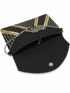 Luxury Handmade High Midnight Art Deco Beaded Clutch Black Gold Evening Party Shoulder <b>Bag</b> Embroidery Geometric Pattern Zipper - Product Image 4