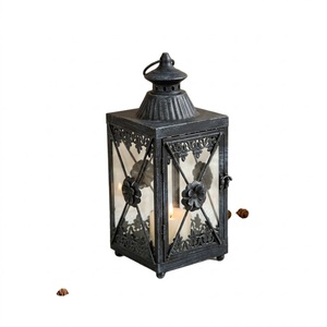 Lanterne à bougie noire de grande qualité, lanterne suspendue vintage en métal pour centre de table, porte-bougie avec verre, décoration de mariage - Product Image 1