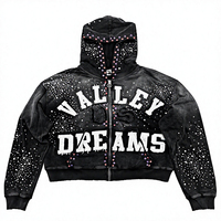 Veste à capuche zippée Valley Dreams unisexe, streetwear, manches longues, imprimé pailleté, broderie de sequins, style hiver noir