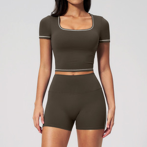 Yoga <b>Set</b> 2 Piece High Waist Crop Top Shorts Solid Color Racerback <b>Square</b> Neck Sport Wear for Women - Product Image 4