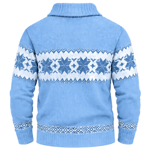 Mens Light Blue Geometric Pattern Button Collar Knit <b>Pullover</b> <b>Sweater</b> Long Sleeve Ribbed Cuff Hem Winter Casual 100% Cotton - Product Image 2