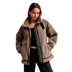 Wholesale Women's <b>Fleece</b> <b>Jacket</b> Stand Collar Zipper Closure Thick <b>Warm</b> Winter Coat Solid Color Contrast Trim Regular Fit - Product Image 1