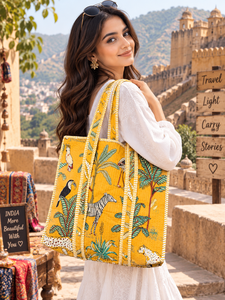 Handmade Tote Bag Cotton Quilted Chains Open Block Print <b>Large</b> Tropical Jungle Animal Zipper Lightweight Shoulder <b>Handbag</b> - Product Image 3