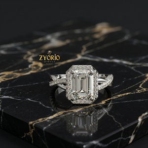 925 Sterling <b>Silver</b> <b>Emerald</b> Cut Halo Engagement <b>Ring</b> with Twisted Pave Band - Product Image 2
