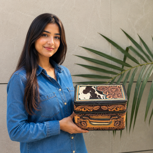 Handcrafted Hand Tooled Leather Stylish Makeup Cosmetic <b>Storage</b> Box Handmade Toiletry Travel Bags for Women Organizer Box - Product Image 3