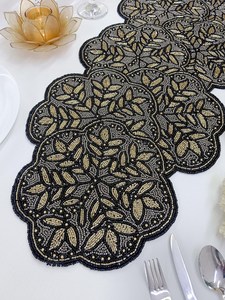 Embroidered Floral Table <b>Runner</b> Classic <b>Black</b> Polyester Home Decor Washable - Product Image 6