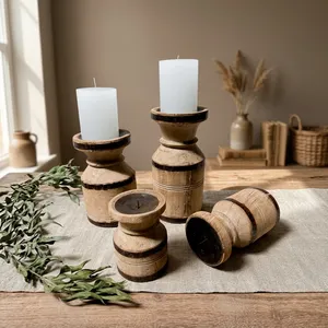 Support de bougie en bois ancien en forme de canne à lait avec bande métallique, décoration rustique de style ferme pour table, jardin, entrée, salon - Product Image 6