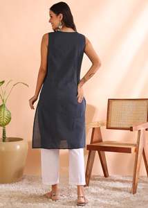 Kurti court en coton cambre d'été, style Kantha, sans manches, col en V, coupe classique, élégant, ethnique, pour femme, décontracté, séchage rapide, protection solaire - Product Image 4