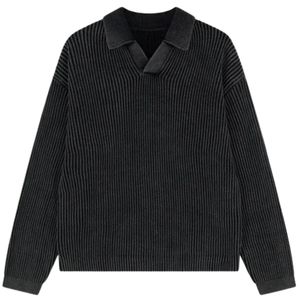 Pull polo côtelé pour homme, noir, manches longues, effet délavé, doux et texturé, décontracté, hiver, OEM - Product Image 1