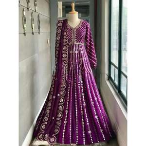 VESTIDO DE TRABAJO BORDADO GEORGETTE FANTY CON DUPATTA WINE - Product Image 1
