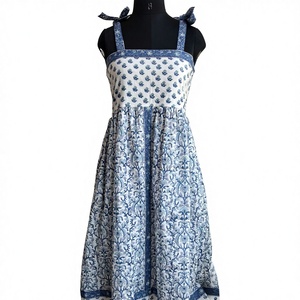 Vintage White Blue Floral Block Print Cotton Dress <b>Square</b> Collar Tassel Decoration Embroidered <b>Adjustable</b> Straps-Maxi Pocket - Product Image 1