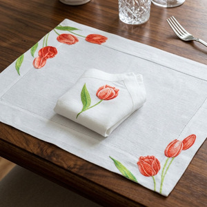 Custom Wholesale Luxury Handmade Embroidered Colorful Tulip Flowers <b>Placemats</b> Napkins Sets Linen Washable Reusable Home Wedding - Product Image 3