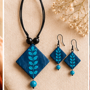 Blue Leaf Pattern Eco-friendly Ceramic Tile Jewelry Set Pendant Earrings Handmade Floral Accessory Gift with Custom Packaging - Product Image 1