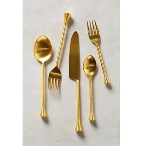 Ensemble de couverts modernes en acier inoxydable plaqué or avec poignée trompette, style minimaliste, luxe, 5 pièces (cuillère, fourchette, couteau) pour la restauration fine - Product Image 1