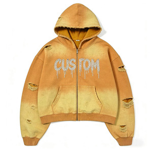 Custom Mens Distressed <b>Zip</b> Up Hoodie Acid Wash 100% Cotton Rhinestone Puff Print Oversized Streetwear OEM - Product Image 5