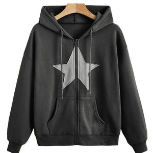 Sudadera con capucha negra personalizada con cremallera completa para hombre y mujer, estilo oversize con apliques de estrellas, de forro polar grueso, estilo casual urbano - Product Image 1