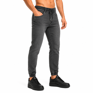 <b>Men's</b> Dark Gray High Waist Slim Fit Denim Joggers With <b>Drawstring</b> Elastic Waist And Cuffed Ankle Casual Style Autumn Wear - Product Image 3