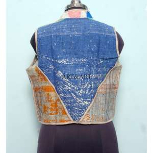 Nuevo Chaleco de Mujer Tejido a Mano en India, Multicolor, con Parches de Algodón, Estilo Kantha Vintage, Corto, Transpirable y Ecológico, con Botones - Product Image 5