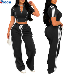 Conjunto de Dos Piezas de Alta Calidad, Pantalones Largos Casuales con Cierre Frontal y Top Corto de Punto con Cuello Alto y Mangas Cortas - Product Image 1